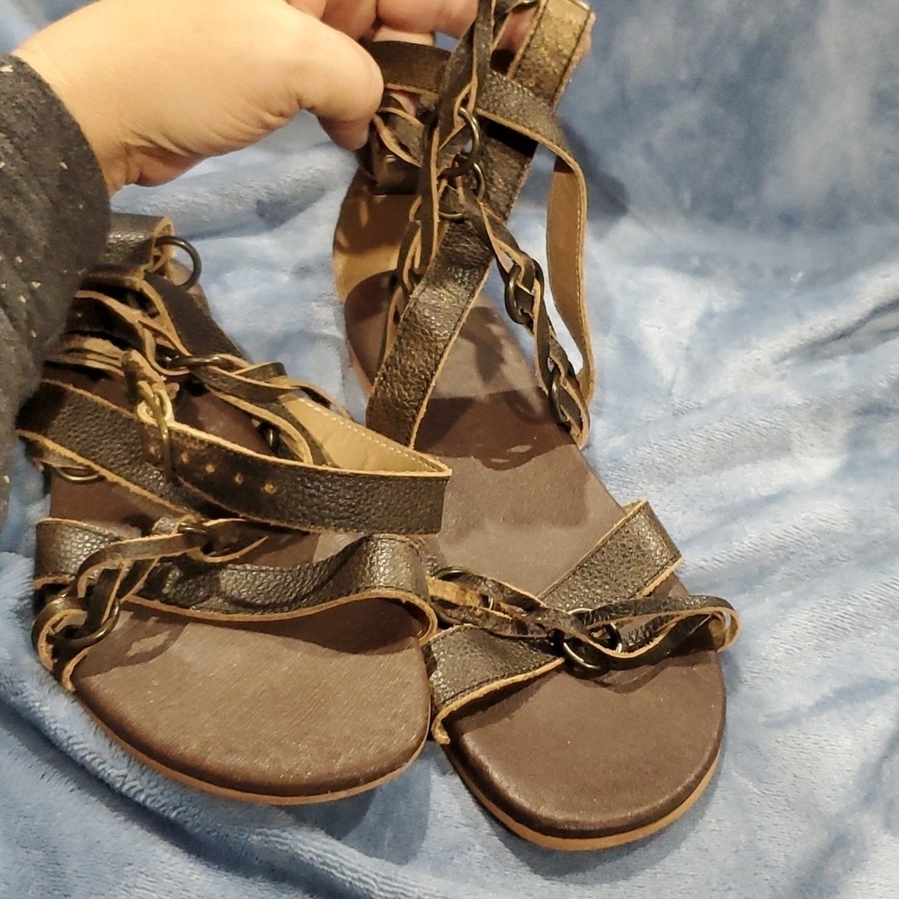 Roan by bed stu gladiator leather braided brass ring sandals distressed brown